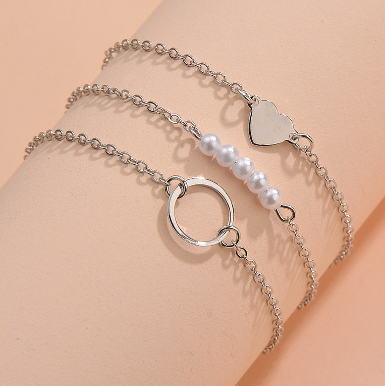 Silver Asymmetrical Design Pearl Detail Bracelet Set