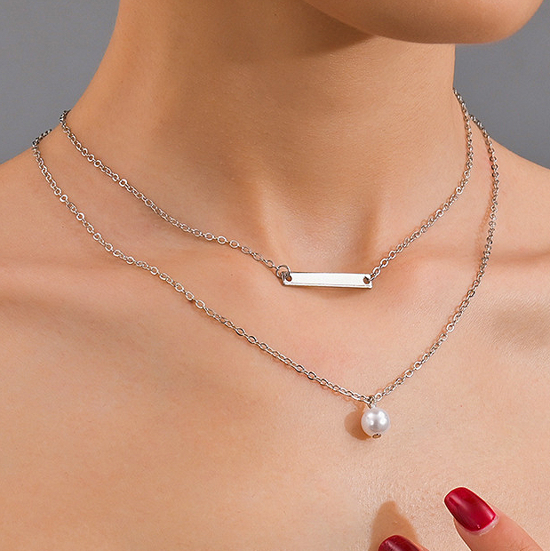 Silver Asymmetrical Design Pearl Detail Necklace