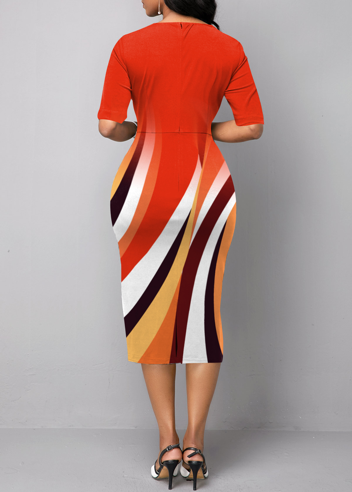 Orange Geometric Print Short Sleeve Bodycon Dress