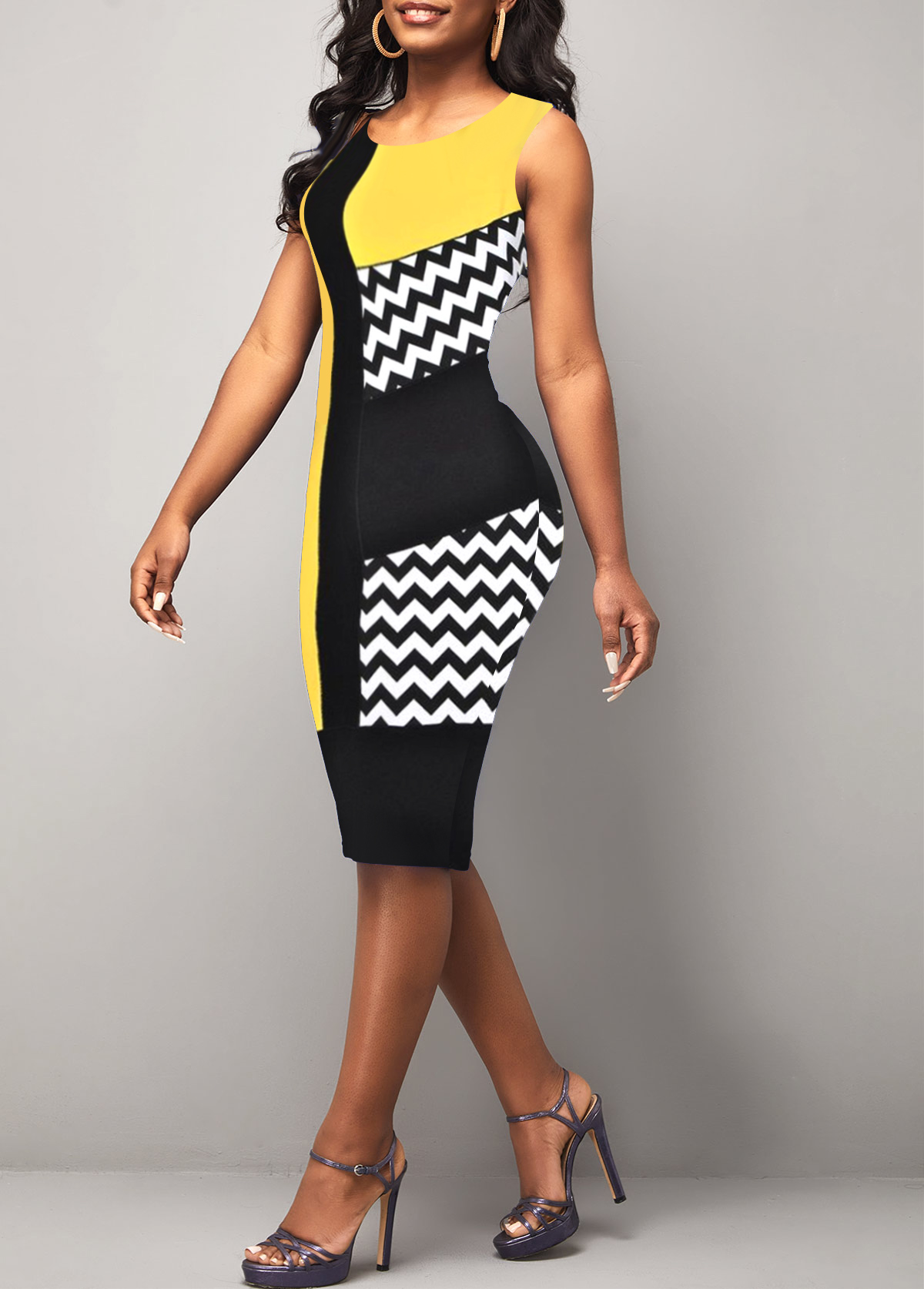 Yellow Geometric Print Sleeveless Round Neck Dress