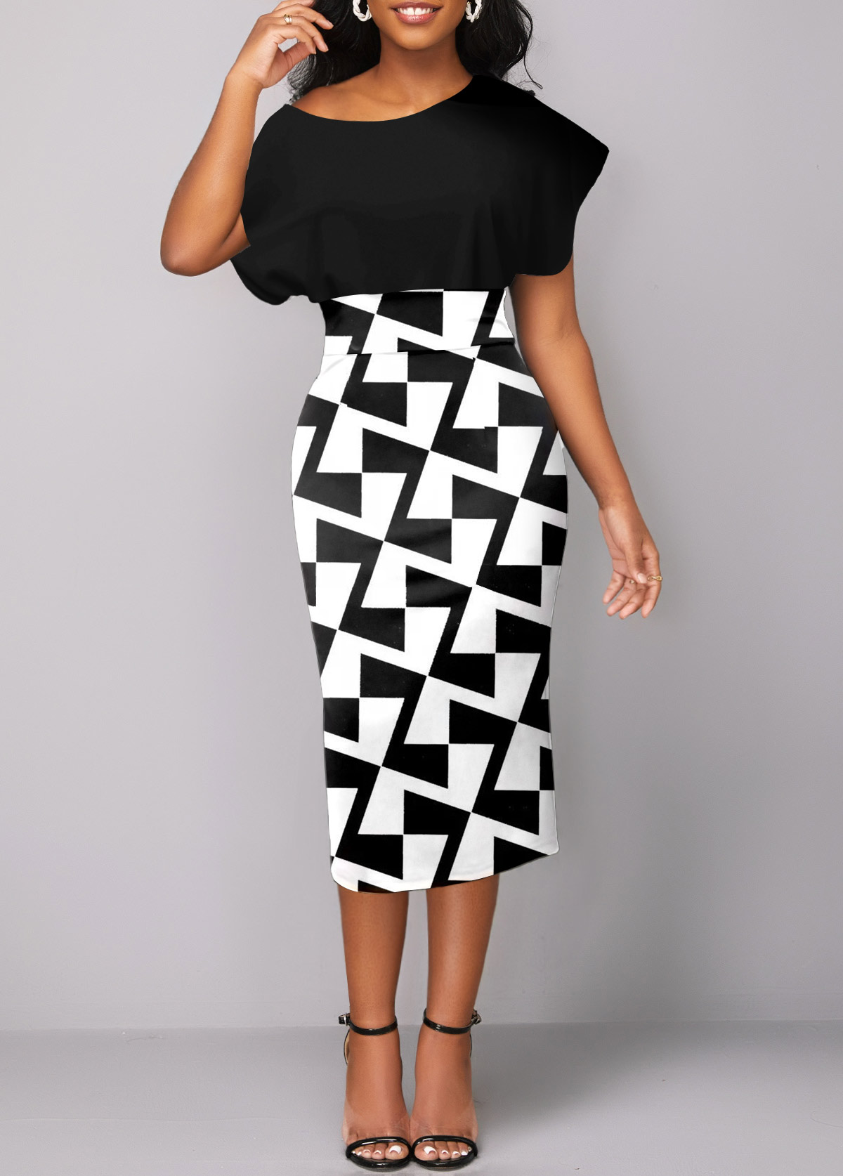 Black Asymmetry Geometric Print Short Sleeve Bodycon Dress