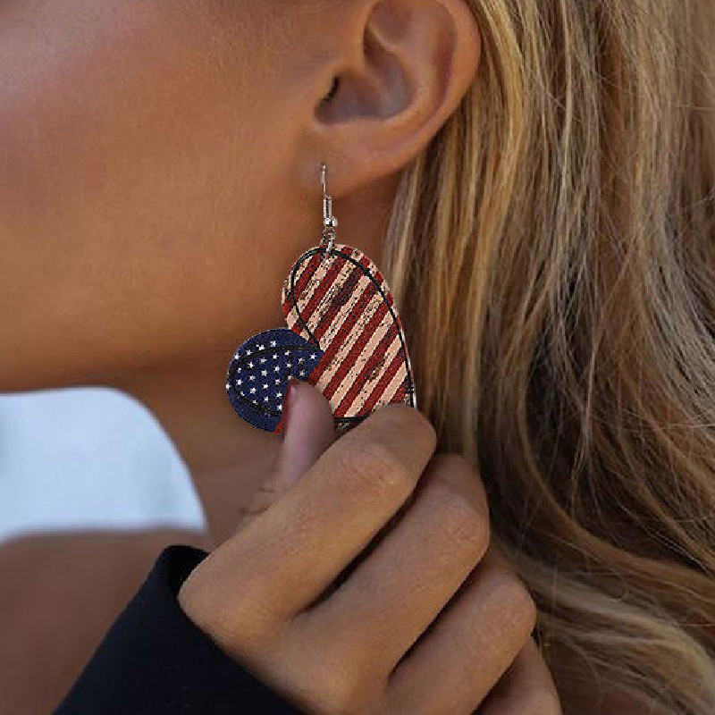 Multi Color Heart American Flag Print Earrings