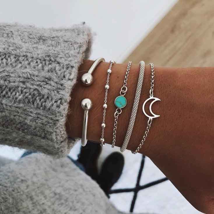 Silvery White Layered Moon Detail Bracelet Set