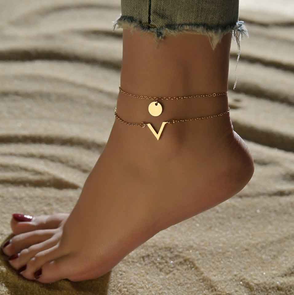 Gold Metal Asymmetrical Design Anklet Set