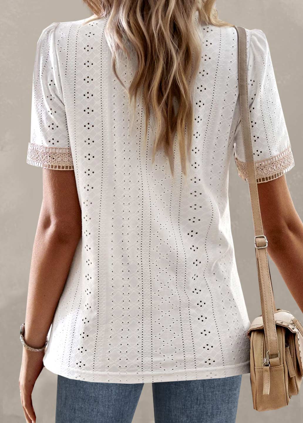 White Patchwork Short Sleeve V Neck T Shirt | picture 
