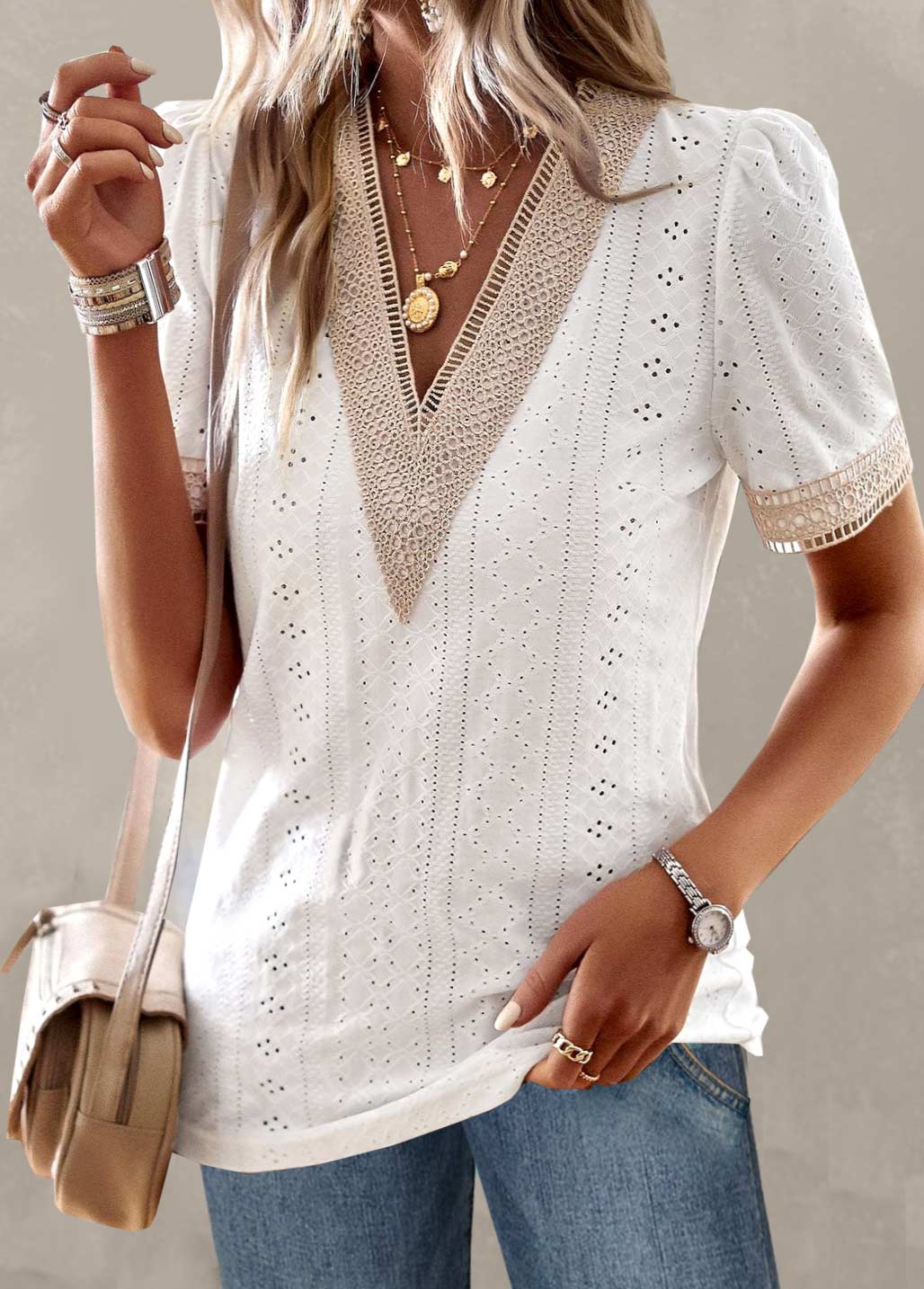 White Patchwork Short Sleeve V Neck T Shirt | picture 