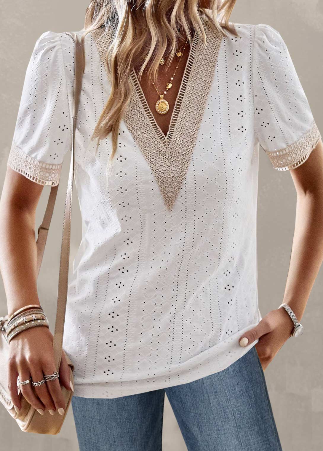 White Patchwork Short Sleeve V Neck T Shirt | picture 
