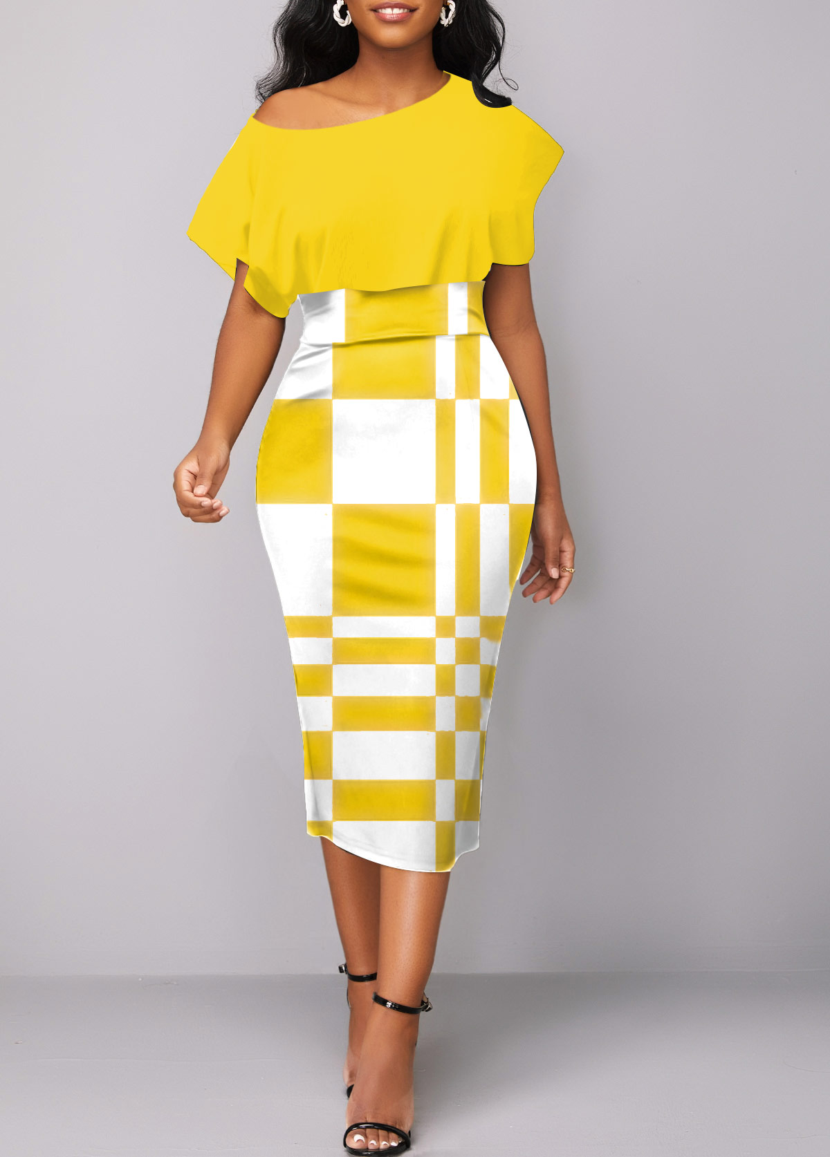 Yellow Asymmetry Geometric Print Short Sleeve Bodycon Dress
