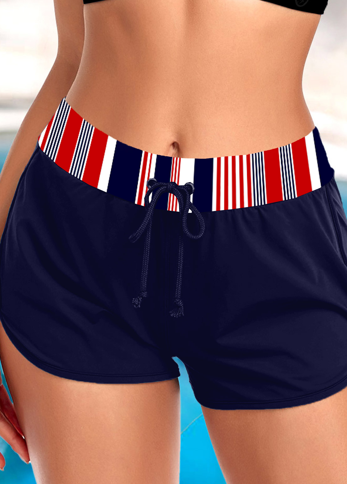 Mid Waisted Striped Navy Swim Shorts