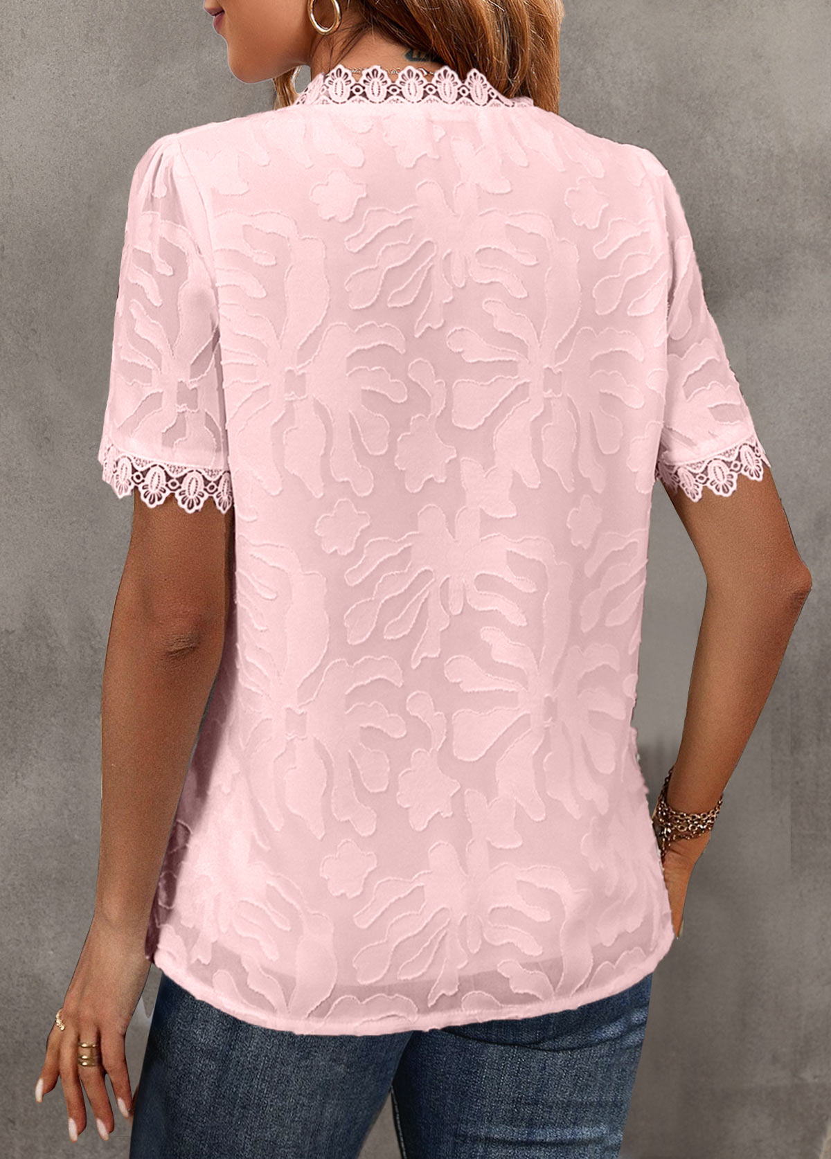 Pink Lace Short Sleeve V Neck Blouse | picture 