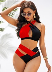 Contrast Cross Strap High Waist Bikini Set