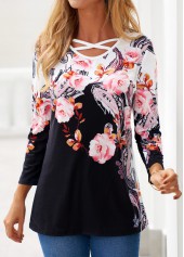 Black Criss Cross Floral Print T Shirt