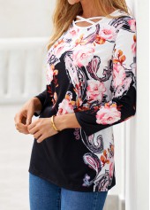 Black Criss Cross Floral Print T Shirt | thumb picture 
