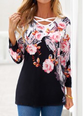 Black Criss Cross Floral Print T Shirt | thumb picture 
