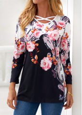 Black Criss Cross Floral Print T Shirt | thumb picture 