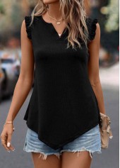 Black Frill Split Neck Tank Top