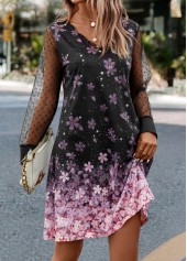 Black Mesh Floral Print A Line Dress