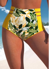 High Waisted Leaf Print Yellow Bikini Bottom