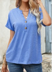 Blue Button Short Sleeve Split Neck T Shirt