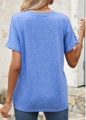Blue Button Short Sleeve Split Neck T Shirt