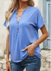 Blue Button Short Sleeve Split Neck T Shirt