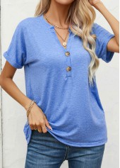 Blue Button Short Sleeve Split Neck T Shirt