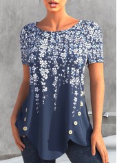 Denim Blue Asymmetry Floral Print T Shirt