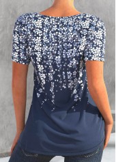 Denim Blue Asymmetry Floral Print T Shirt