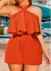 Orange Ruffle Short Sleeveless Cross Collar Straight Leg Romper
