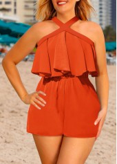 Orange Ruffle Short Sleeveless Cross Collar Straight Leg Romper | thumb picture 