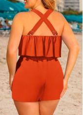 Orange Ruffle Short Sleeveless Cross Collar Straight Leg Romper | thumb picture 