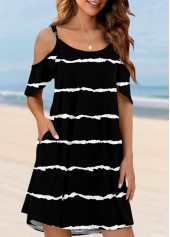 Pocket Striped Black Cold Shoulder Cover Up