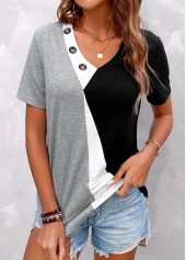 Grey Button Short Sleeve V Neck T Shirt