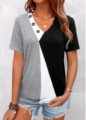 Grey Button Short Sleeve V Neck T Shirt | thumb picture 