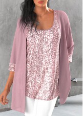 Light Pink Sequin 3/4 Sleeve Cardigan and Tank Top