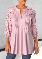 Light Pink Tuck Stitch 3/4 Sleeve Split Neck Blouse