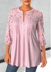 Light Pink Tuck Stitch 3/4 Sleeve Split Neck Blouse | thumb picture 