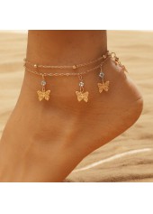 Gold Butterfly Rhinestone Layered Design Anklet