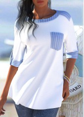 Light Blue Striped 3/4 Sleeve Round Neck Blouse