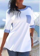 Light Blue Striped 3/4 Sleeve Round Neck Blouse | thumb picture 