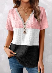 Pink Lace Short Sleeve V Neck T Shirt