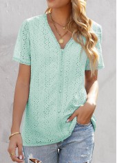 Mint Green Embroidery Short Sleeve V Neck Blouse