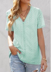 Mint Green Embroidery Short Sleeve V Neck Blouse | thumb picture 