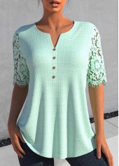 Light Green Patchwork Half Sleeve Split Neck Blouse