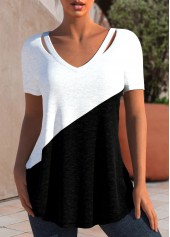 Black Patchwork Short Sleeve V Neck T Shirt
