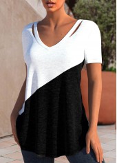 Black Patchwork Short Sleeve V Neck T Shirt | thumb picture 