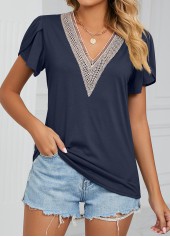 Navy Patchwork Short Sleeve V Neck T Shirt