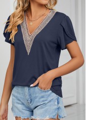Navy Patchwork Short Sleeve V Neck T Shirt