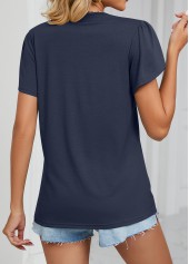 Navy Patchwork Short Sleeve V Neck T Shirt