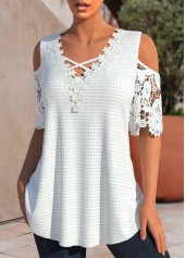 White Patchwork Half Sleeve V Neck T Shirt